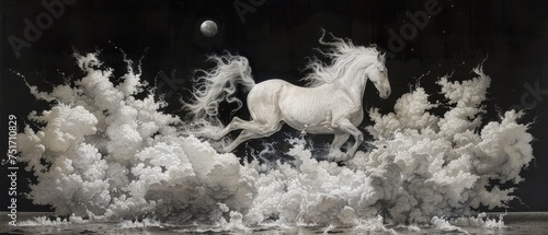 a painting of a white horse running through a field of clouds and water with a ball in the sky in the background.