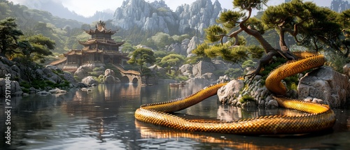 a large yellow snake sitting on top of a body of water next to a forest filled with lots of trees.