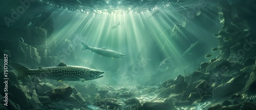 a group of fish swimming in a large body of water next to a coral reef with sunlight streaming through the water.