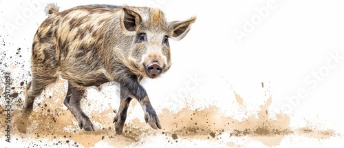 a painting of a warthog running through dirt on a white background with a splash of paint on it.