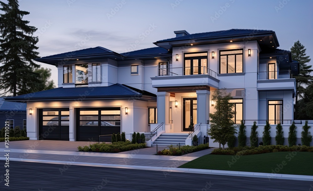 suburban home with front driveway lighting
