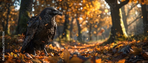 a large black bird sitting on top of a pile of leaves in a forest filled with yellow and orange leaves. photo