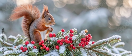 a squirrel is sitting on a branch of a tree with berries and pine cones on it's back legs. photo