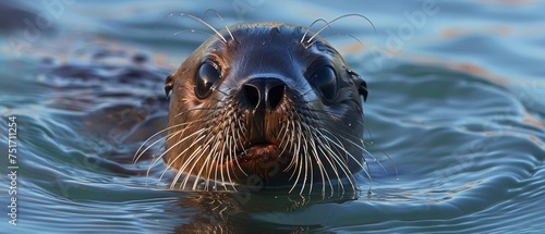a close up of a seal in a body of water with it's head above the water's surface.