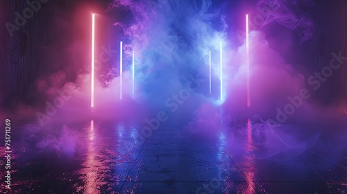 In a dark, smoky setting, the vibrant blue and purple neon lights, along with laser effects, create a dramatic atmosphere for the product.