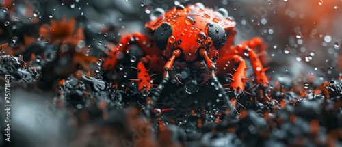 a close up of a red and black spider with drops of water on it's backgrounge.