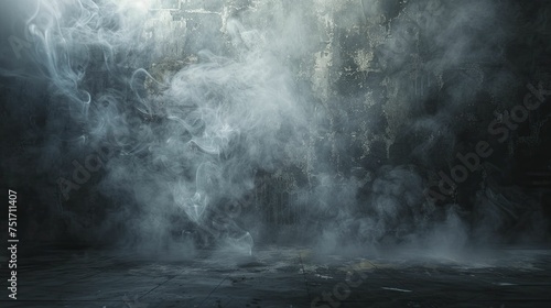 A mysterious product stands against a dark  textured cement wall engulfed in smoke  creating an enigmatic backdrop.