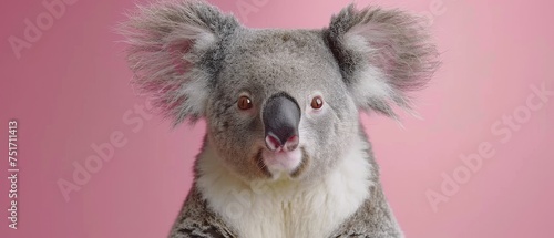 a close up of a koala on a pink background with a pink wall in the background and a pink wall in the background.