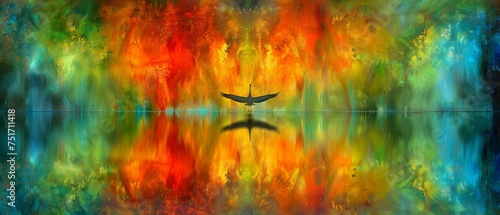 a painting of a bird flying over a body of water in front of a multicolored tree filled sky.