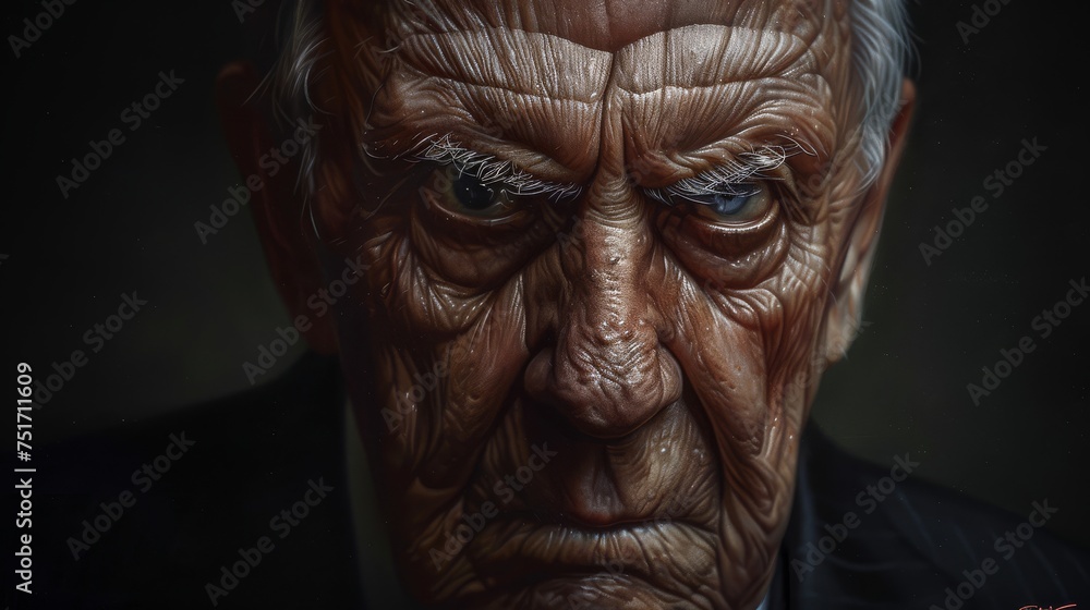 a painting of an old man with wrinkles on his face and a suit jacket and tie on his head. a painting of an old man with wrinkles on his face and a suit jacket and tie on his head.