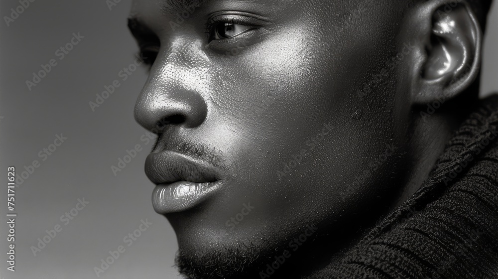 a black and white photo of a man in a sweater looking off to the side with a serious look on his face. a black and white photo of a man in a sweater looking off to the side with a serious look on his face.