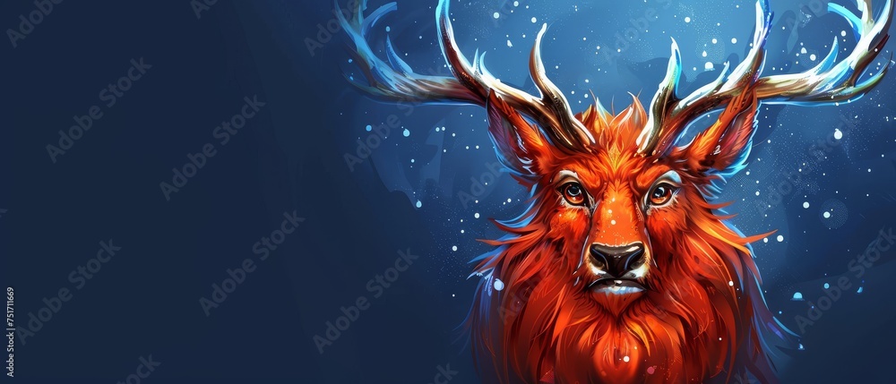 a digital painting of a deer's head with antlers on it's head and a blue background.