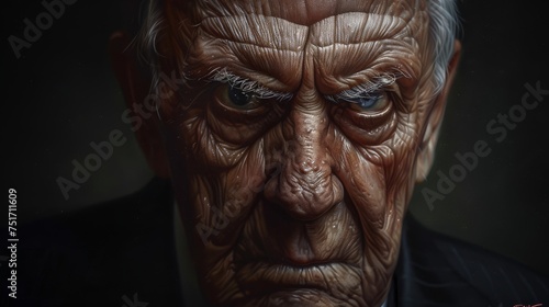 a painting of an old man with wrinkles on his face and a suit jacket and tie on his head.