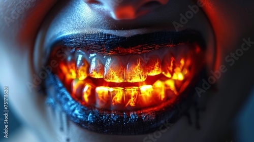 a close up of a woman's mouth with red and yellow light coming out of it's teeth. © Jevjenijs