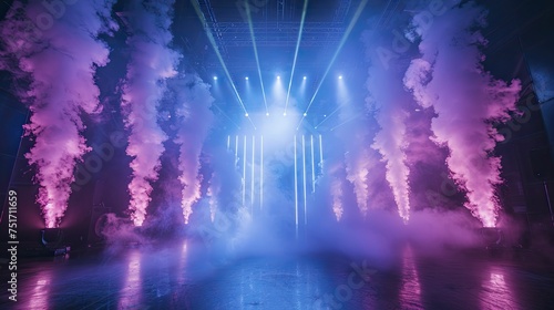 Create an enigmatic ambience with blue and purple lighting, laser show, and smoke to enhance product allure.