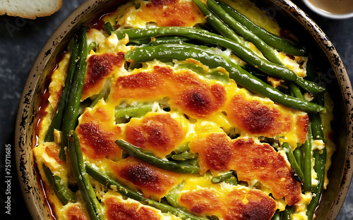 Capture the essence of String Bean Casserole in a mouthwatering food photography shot photo