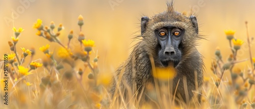 a close up of a monkey in a field of grass and flowers with a blurry background of yellow flowers.