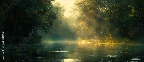 a body of water surrounded by trees and a forest filled with lots of green and yellow leaves on both sides of the water.