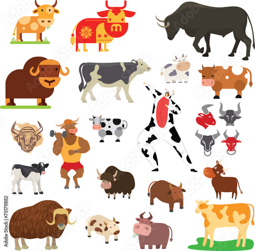 Assorted cow breeds styles including cartoon realistic representations. Bovine collection various patterns poses vector illustration