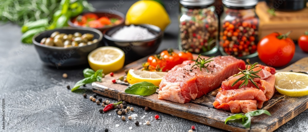 two raw fish fillets on a cutting board surrounded by spices, tomatoes, lemons, pepper, and pepper. two raw fish fillets on a cutting board surrounded by spices, tomatoes, lemons, pepper, and pepper.