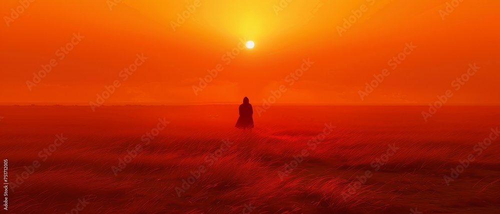 a person standing in the middle of a field with the sun setting in the background and a person standing in the middle of the field.