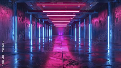 The dark room is illuminated by neon blues and purples, with laser reflections on the floor for ambiance.