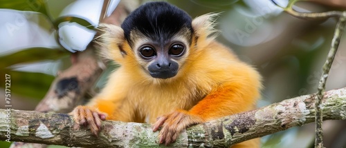 a close up of a monkey on a tree branch with blurry trees in the background and a blurry sky in the background. photo