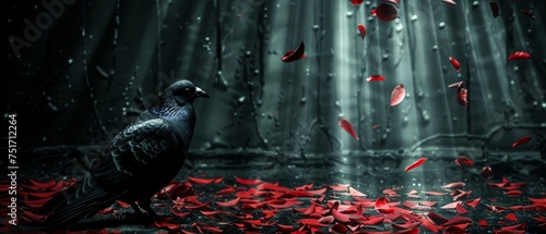 a black bird surrounded by red petals in front of a curtain of light and a rain of falling petals on the ground. photo
