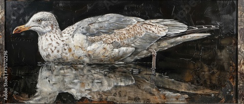 a painting of a seagull sitting on top of a body of water in front of a black background.