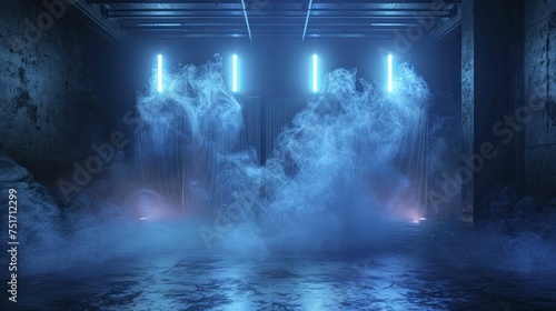 In the dimness, a blue stage glows as neon lights illuminate smoky textures creating an eerie, abstract ambiance.