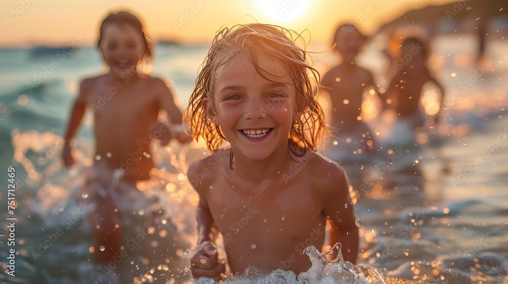 a group of children are running in the ocean at sunset