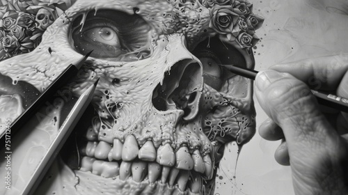 a black and white photo of a skull with a pair of scissors in it's mouth and a pencil in its mouth. photo