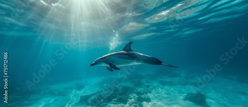 a dolphin swimming in the ocean with sunlight shining down on it's back and it's head above the water's surface.