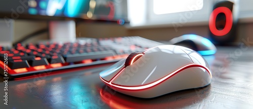 a close up of a computer mouse on a desk with a keyboard and mouse pad in front of a monitor. photo