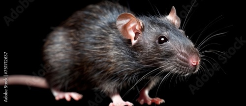 a close up of a rat on a black background with a blurry image of the rat's head.