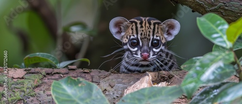 a close up of a small animal on a tree branch with leaves in the foreground and a green plant in the background. photo