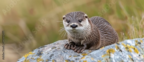 a close up of a small animal on a rock with grass in the background and a blurry sky in the background. photo