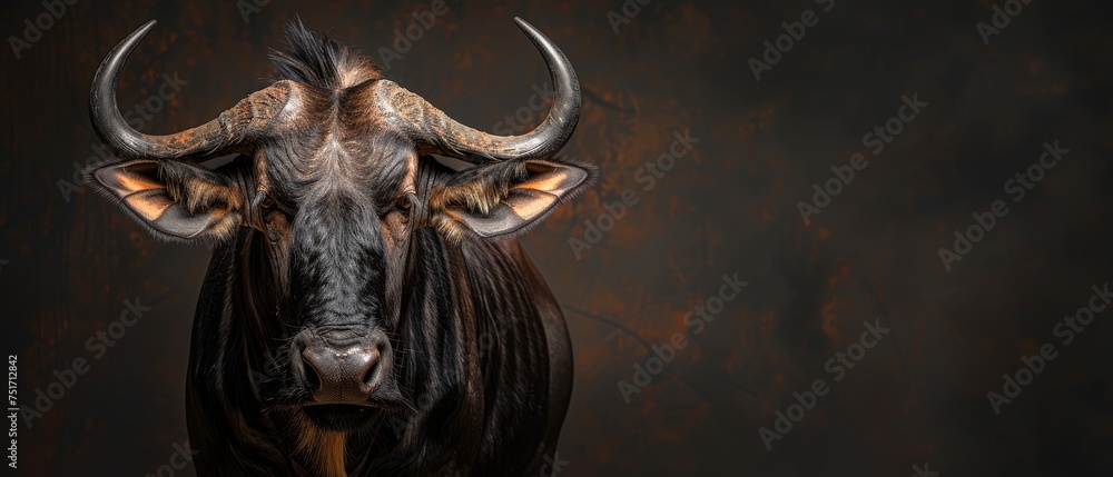 a close up of a bull's head with very long horns on a black background with a rusted wall in the background.