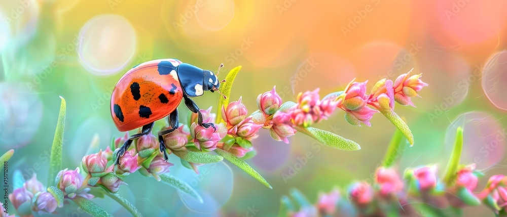 a ladybug sitting on top of a pink flower next to a green and yellow plant with pink flowers. a ladybug sitting on top of a pink flower next to a green and yellow plant with pink flowers.