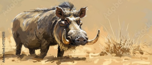 a painting of a bull standing in a field of dry grass with its horns curled up and looking at the camera.