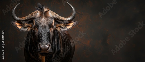 a close up of a bull's head with very long horns on a black background with a rusted wall in the background.