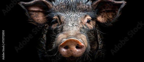 a close up of a pig's face on a black background with water droplets on it's nose.