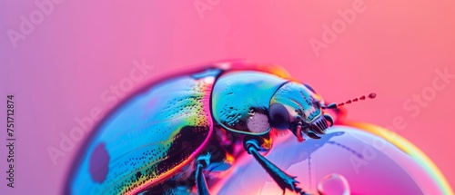 a close up of a multicolored beetle on a pink, purple, and blue background with a drop of water.