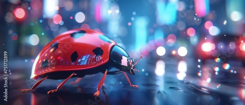 a close up of a ladybug on the ground in front of a cityscape with lights in the background. photo