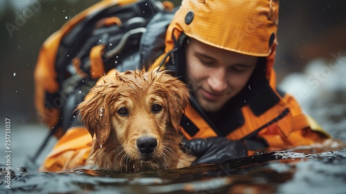 Man and dog lying in water, dog breed is companion dog, both wearing hats photo