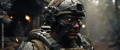 A cyborg soldier fighting in a war zone movie story seen trail cam footage, rear view, wide angle shot, ultra realist, realistic photo, highly detailed