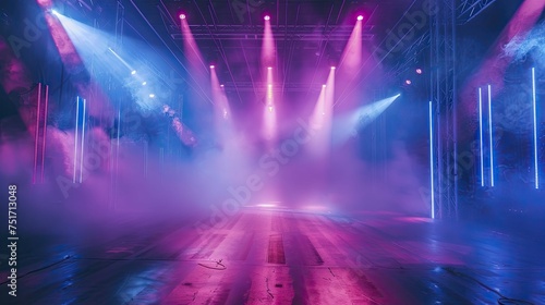 Intimate atmosphere on stage with blue and purple neon lights, lasers, and smoke adds dramatic flair.