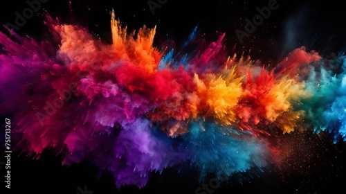 Closeup of Colorful Dust Particle Explosion Isolated on Black. Abstract Color Explosion Background.