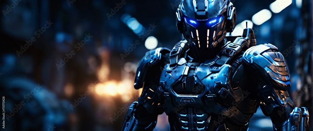 The 3D A cyborg soldier is formed by blue Light. In the background in black color. Stylish in the style of light painting, fighting in a warzone movie story seen trail cam footage, rear view, wide The 3D A cyborg soldier is formed by blue Light. In the background in black color. Stylish in the style of light painting, fighting in a warzone movie story seen trail cam footage, rear view, wide