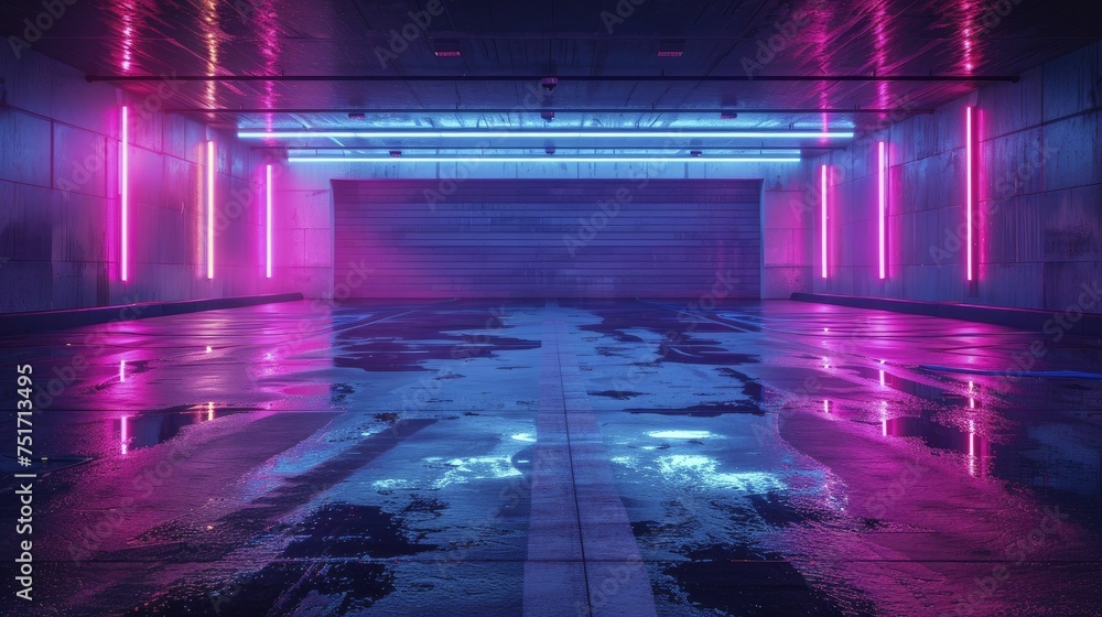 A neon-lit studio with blue and purple lights against dark asphalt sets a dramatic scene.